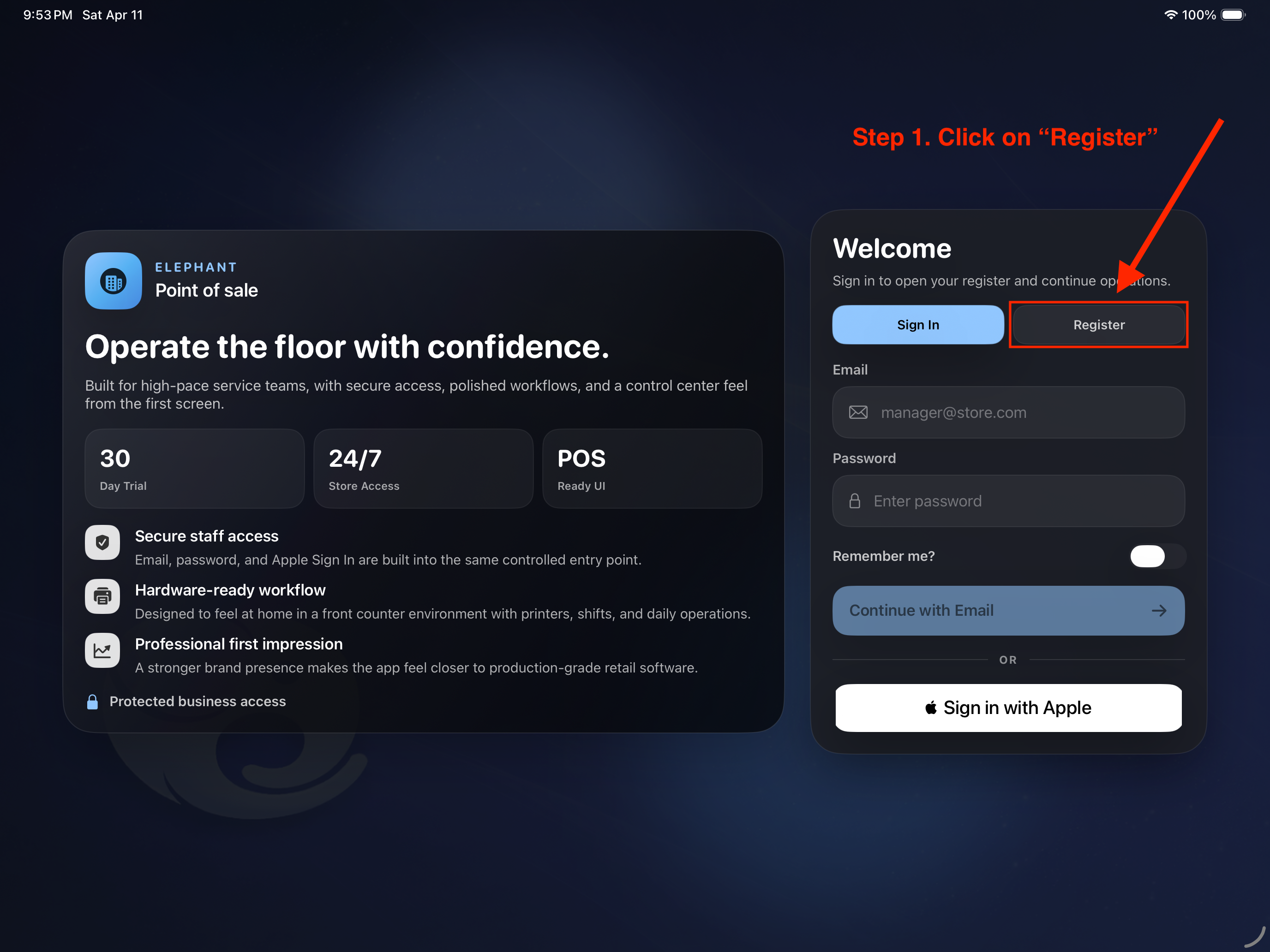 Register button in Elephant POS
