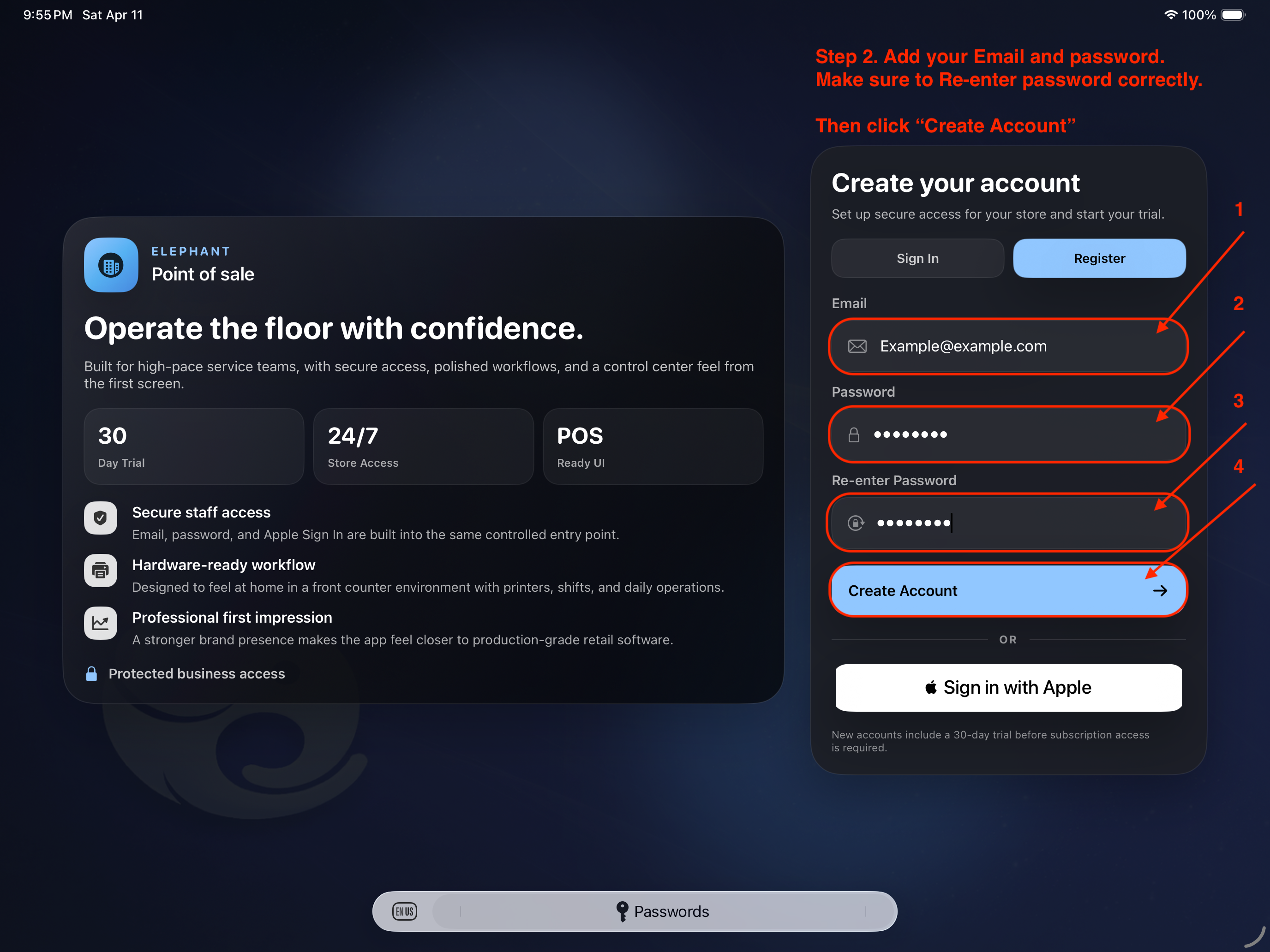 Create account form in Elephant POS
