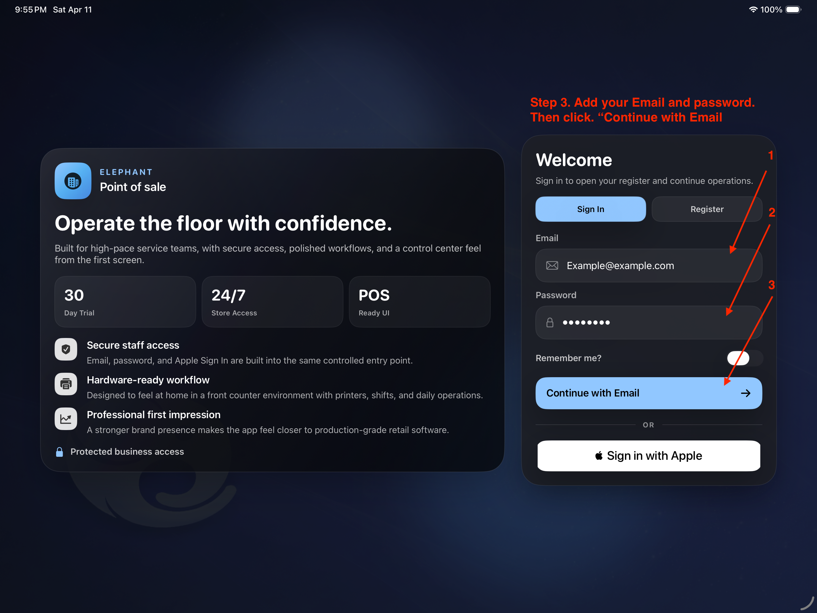 Email sign-in confirmation in Elephant POS