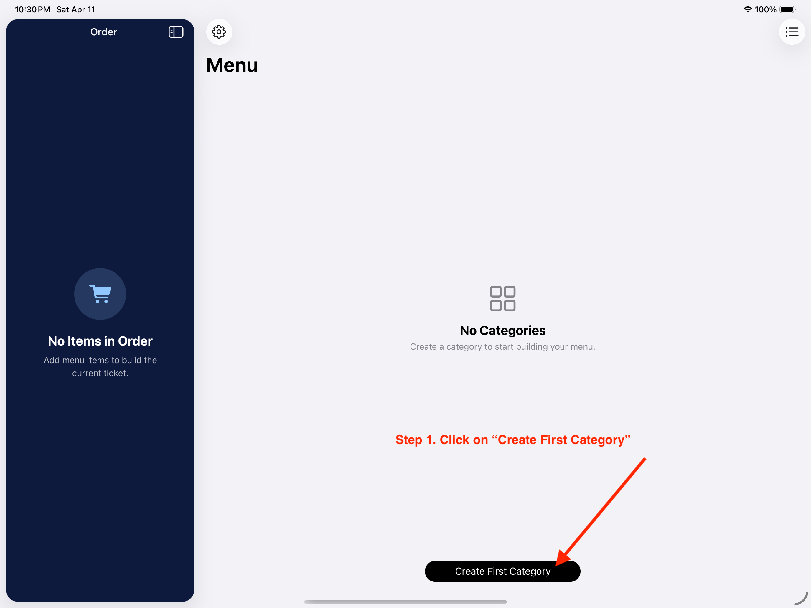 Create First Category button in Elephant POS