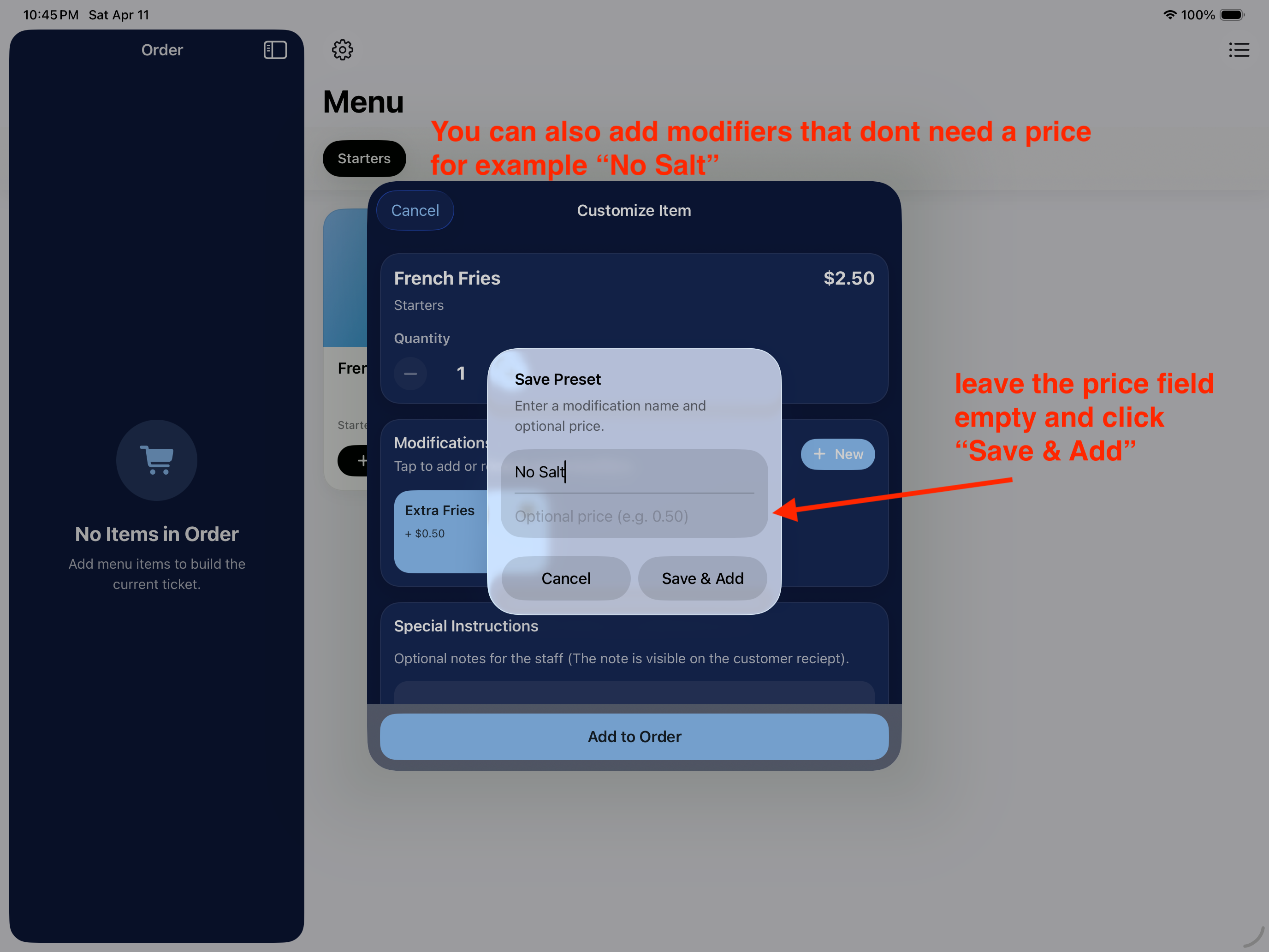 Modifier without price in Elephant POS