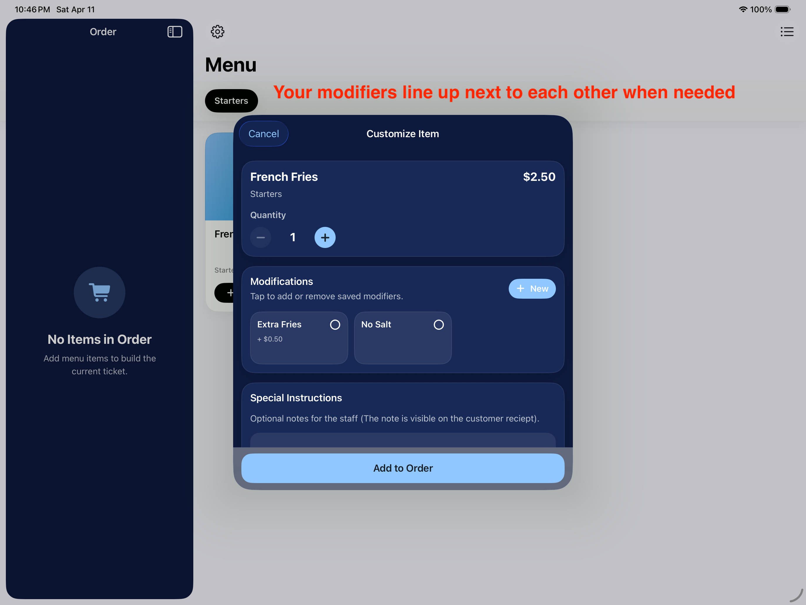 Modifiers lined up in Elephant POS