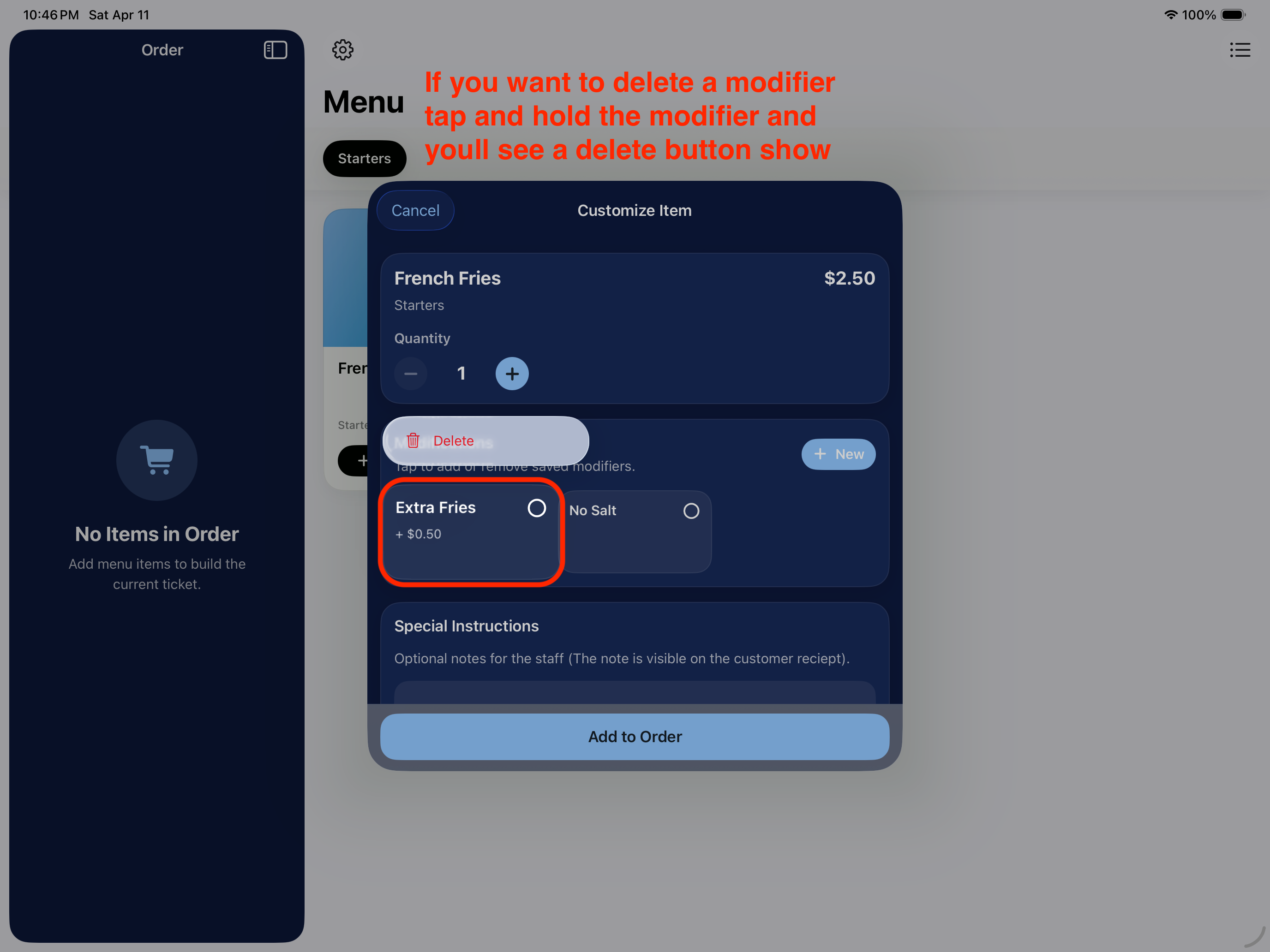 Delete modifier option in Elephant POS