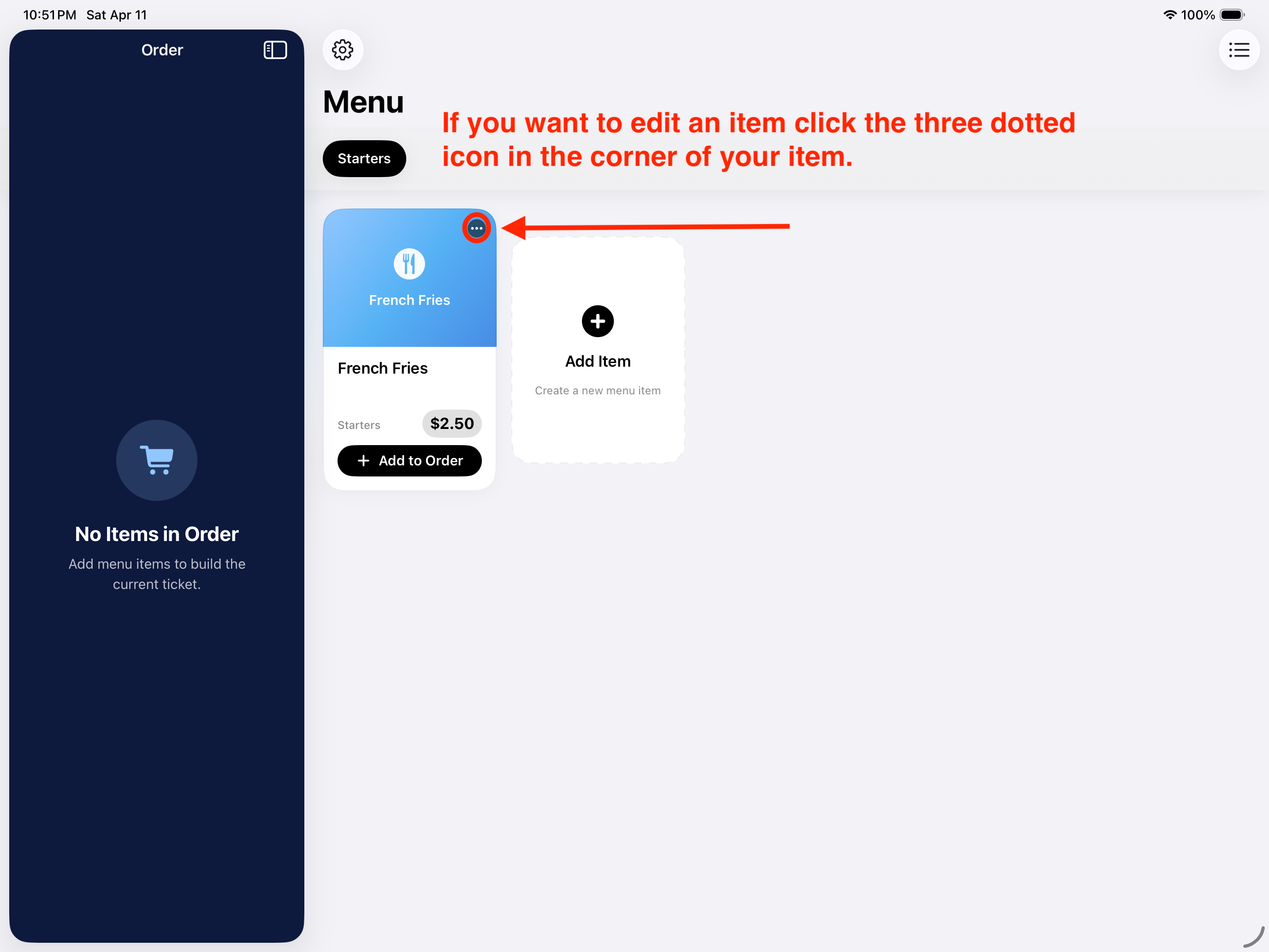Item menu button in Elephant POS