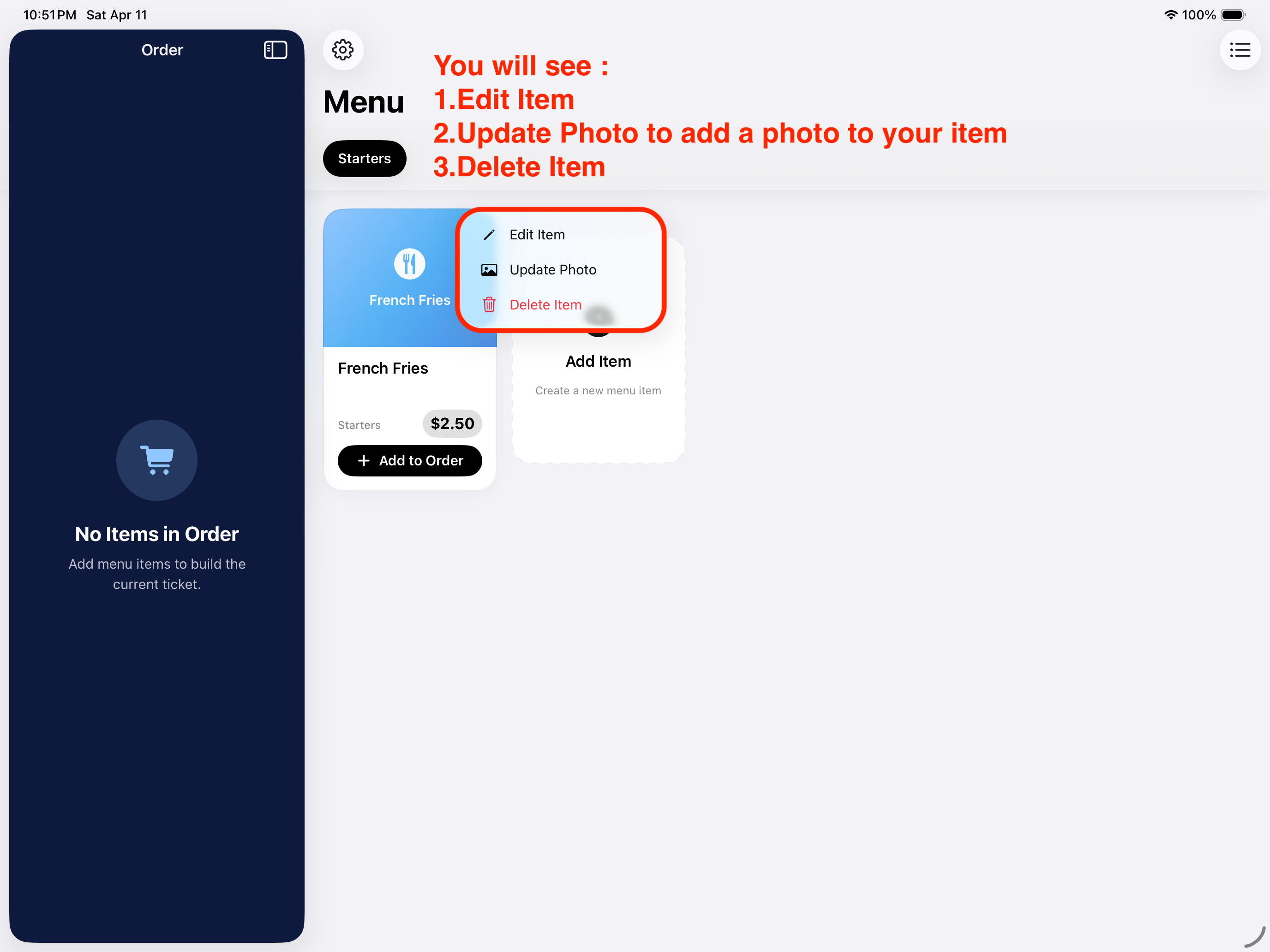 Item actions menu in Elephant POS