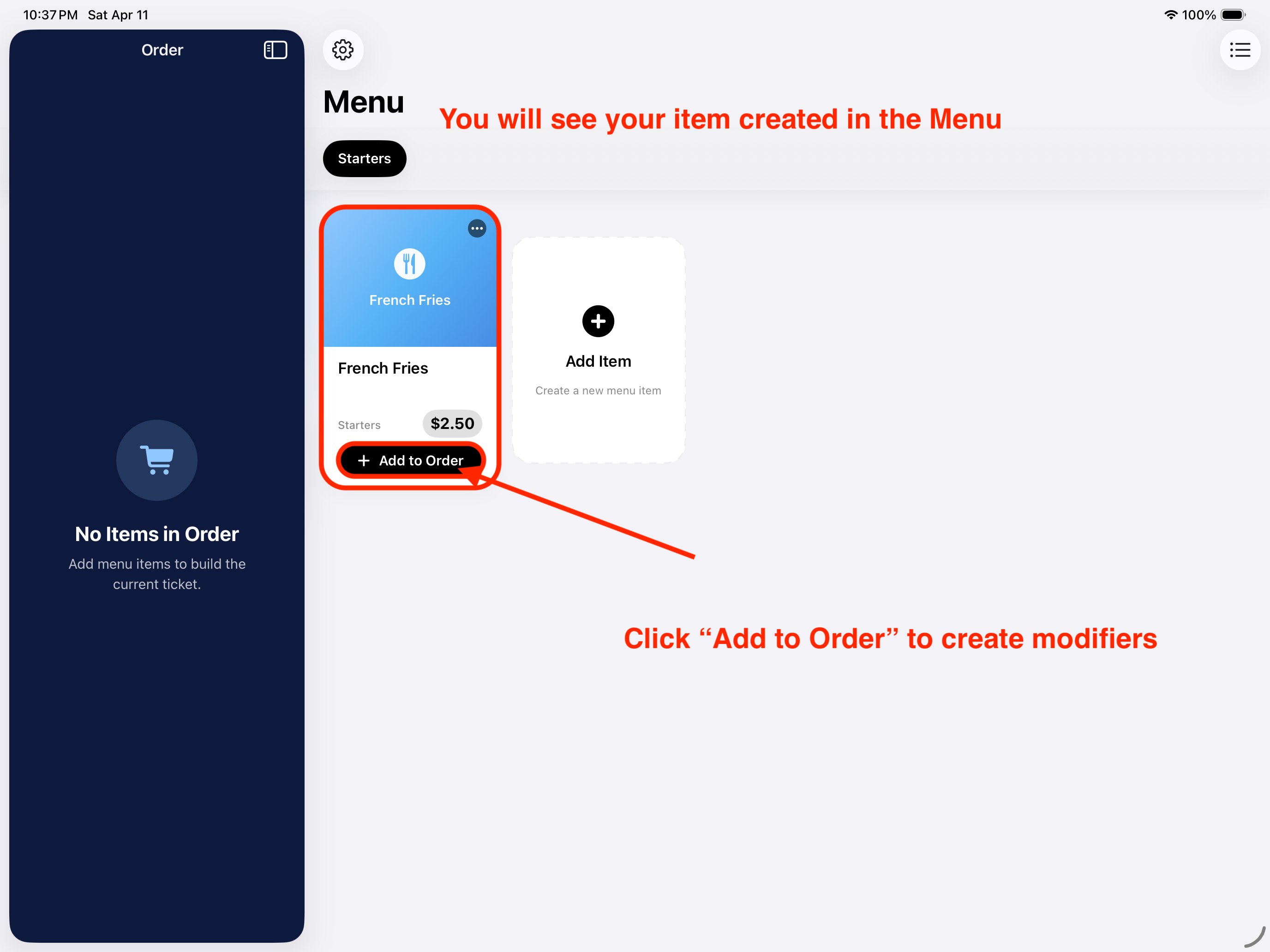 Created item in the menu in Elephant POS
