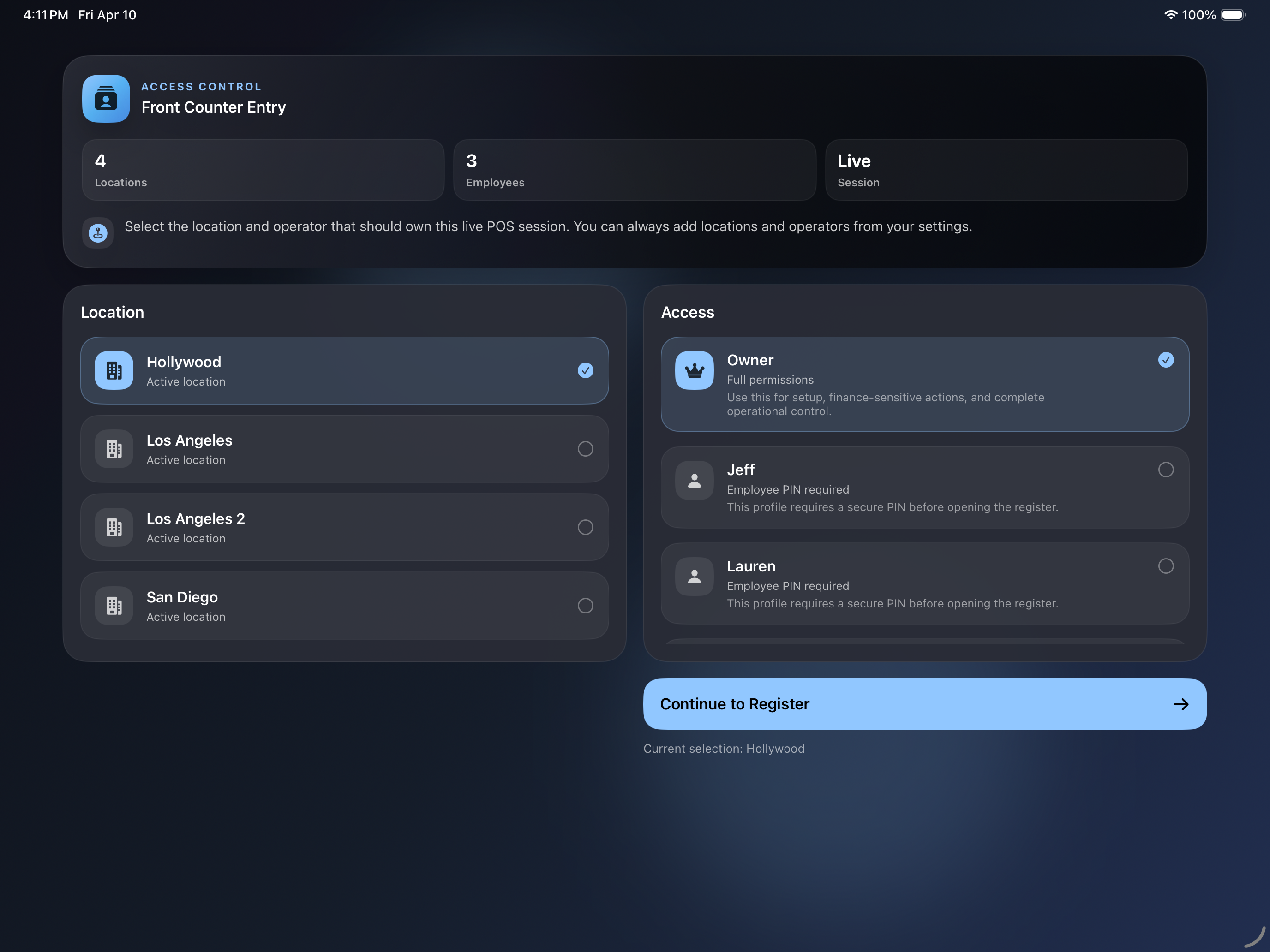 Elephant POS employees and locations on iPad