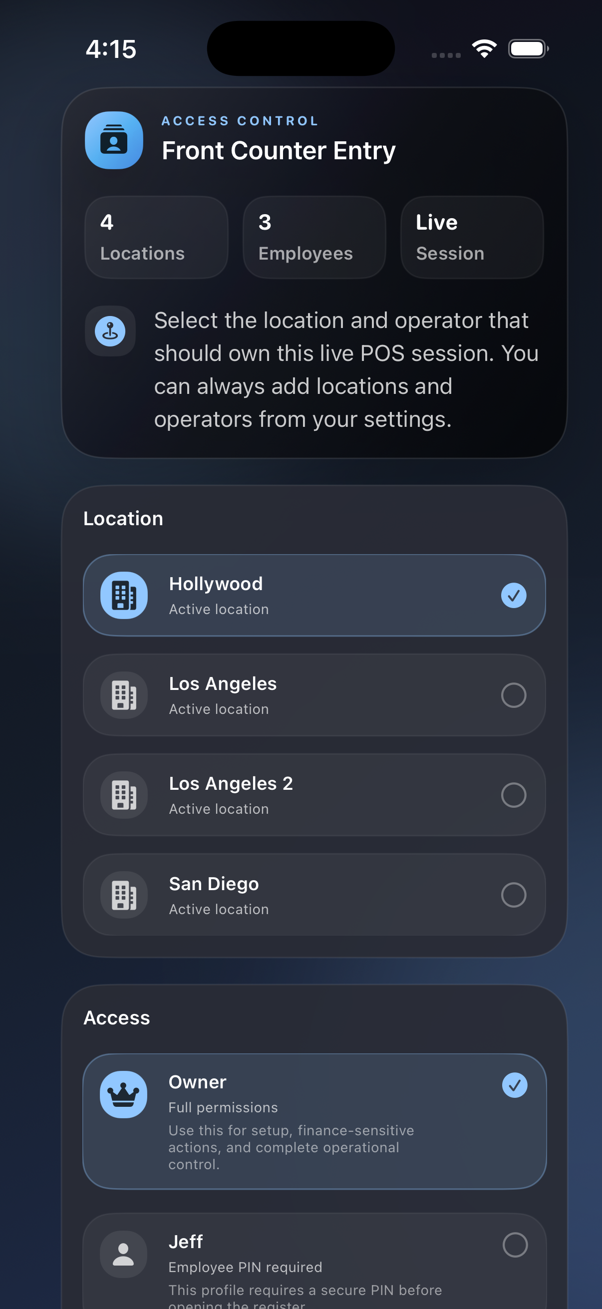 Elephant POS employees and locations on iPhone