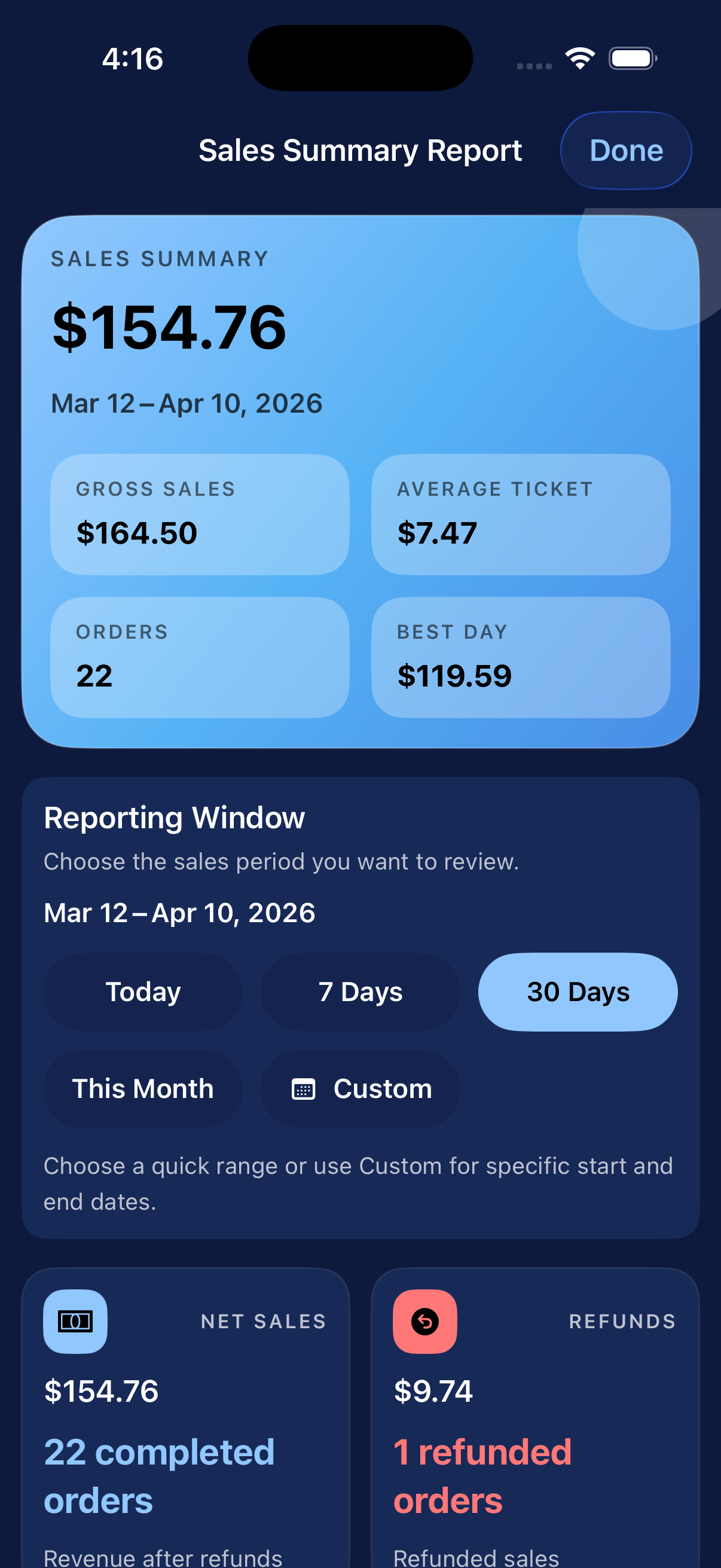 Elephant POS sales summary on iPhone
